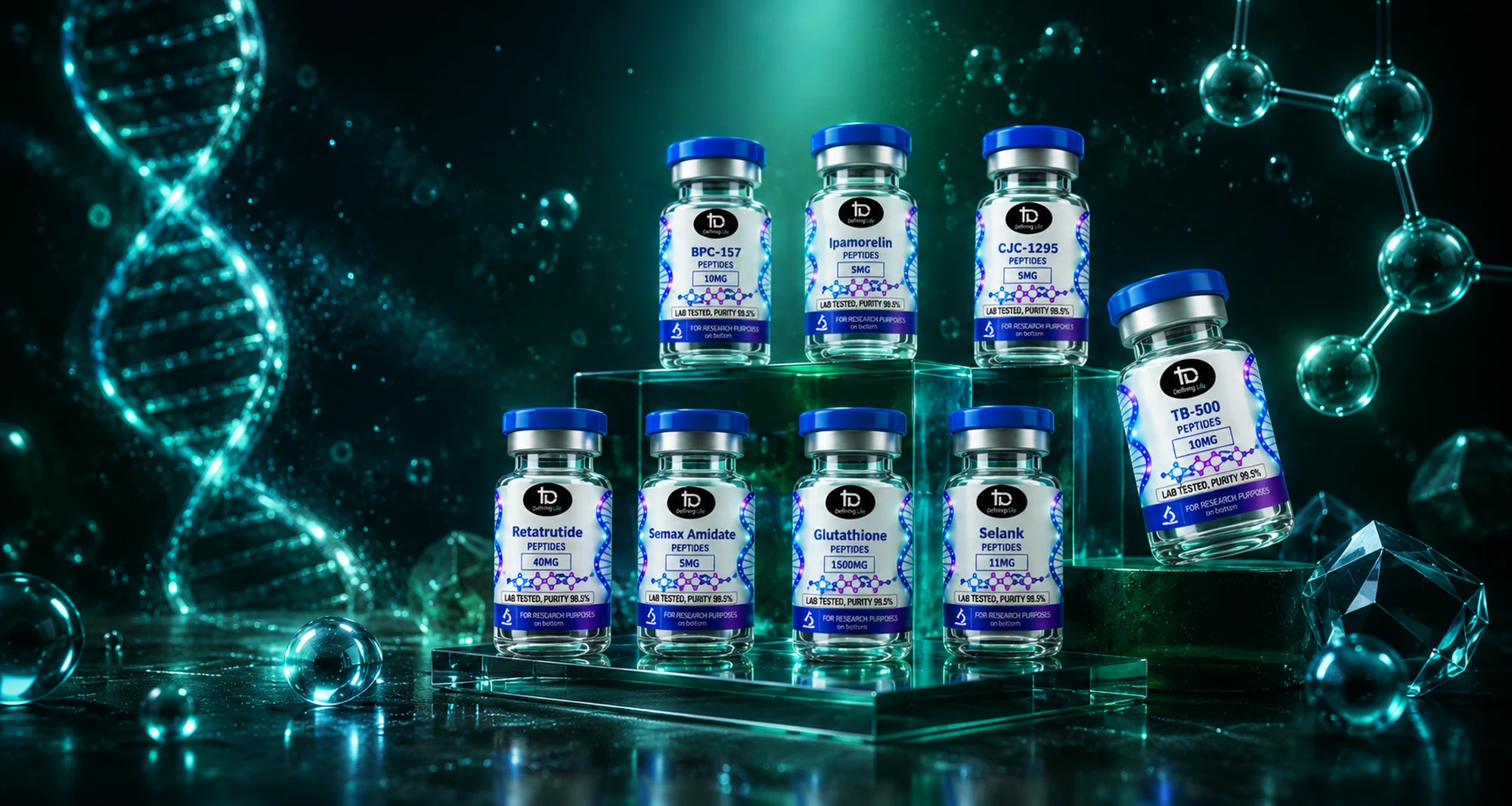 DefiningLife research peptide vials — BPC-157, TB-500, CJC-1295, Ipamorelin, Retatrutide, Semax, Glutathione, Selank